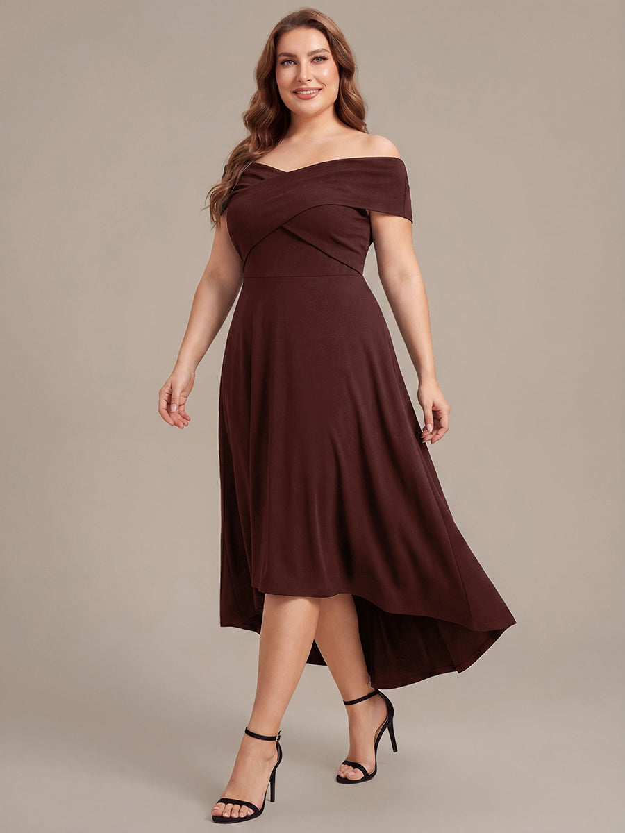 Robe ligne A asymétrique sans manches épaules dénudées col en V tissu extensible #Couleur_Marron chocolat