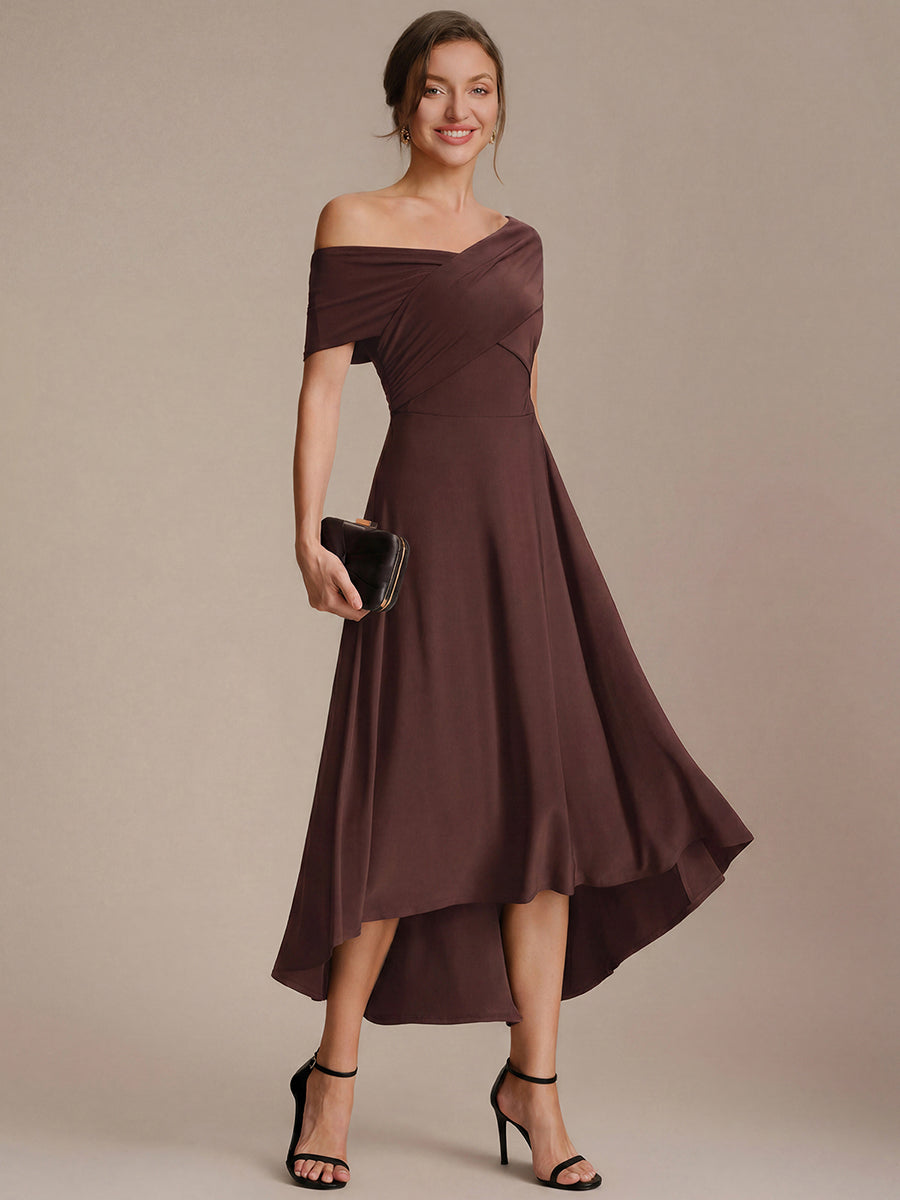 Robe ligne A asymétrique sans manches épaules dénudées col en V tissu extensible #Couleur_Marron chocolat