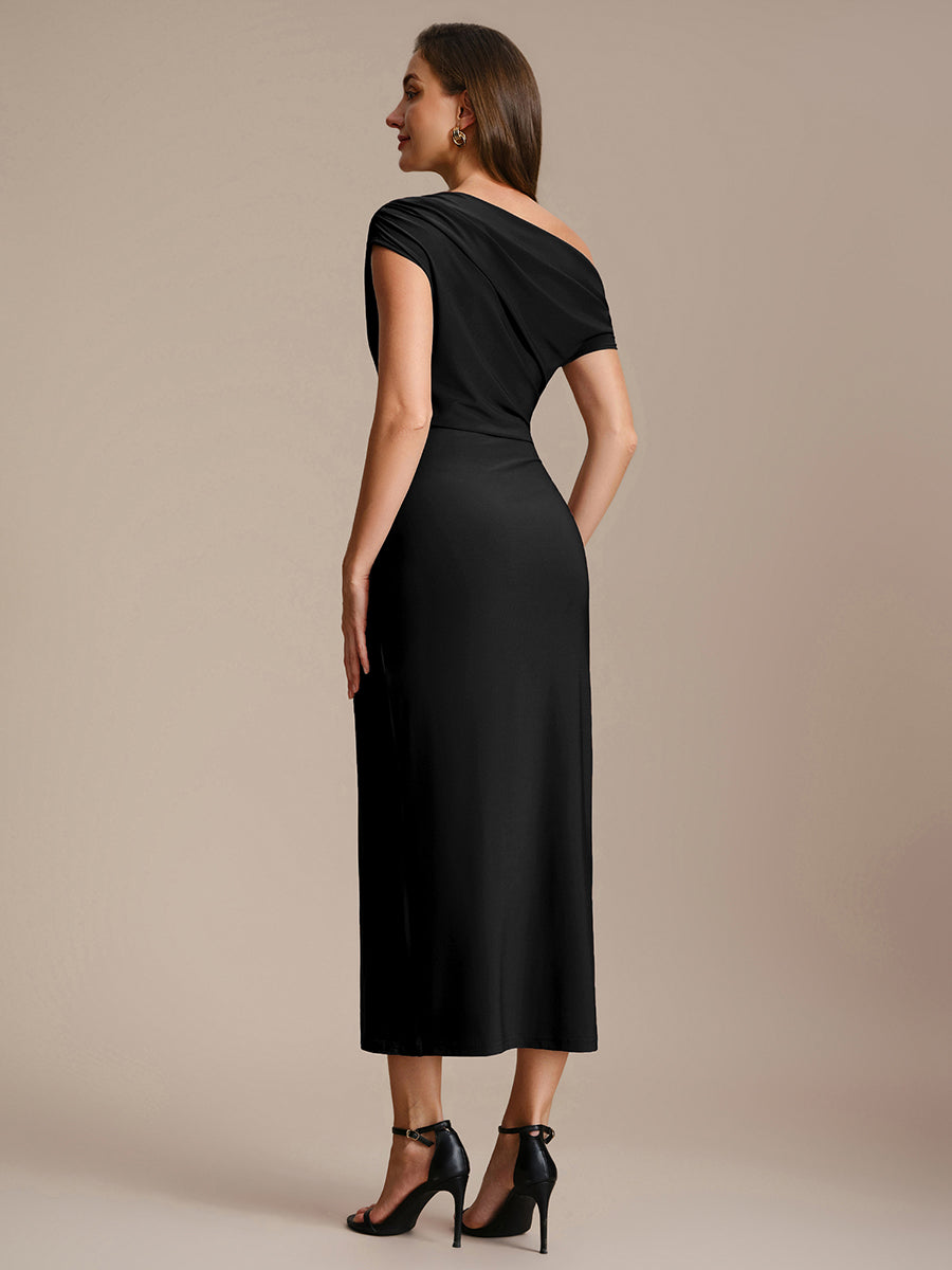 Robe midi moulante asymétrique à une épaule haute élasticité #Couleur_Noir