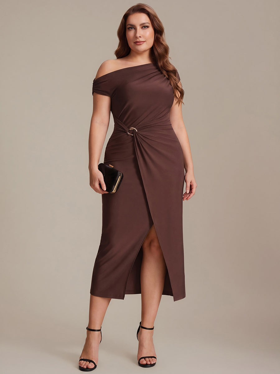 Robe midi moulante asymétrique à une épaule haute élasticité #Couleur_Marron chocolat