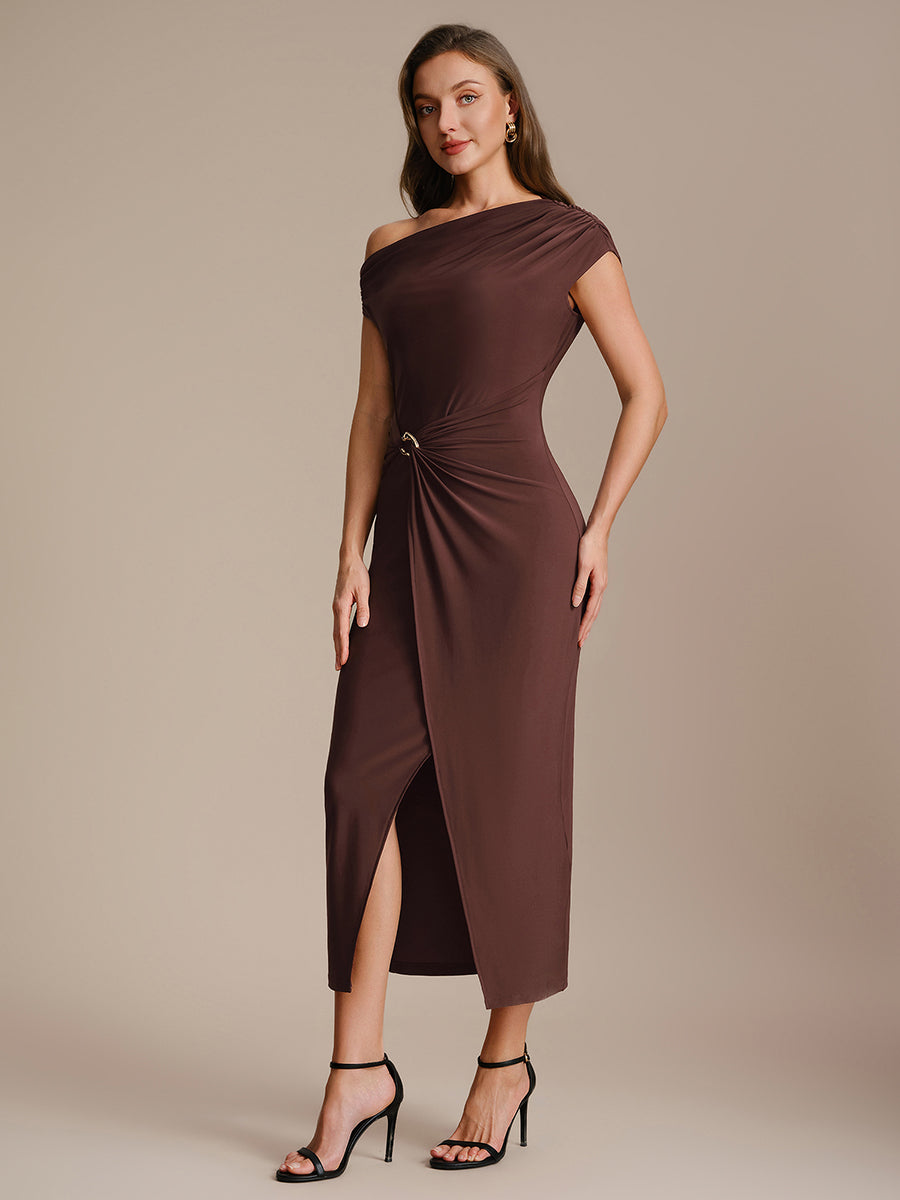 Robe midi moulante asymétrique à une épaule haute élasticité #Couleur_Marron chocolat