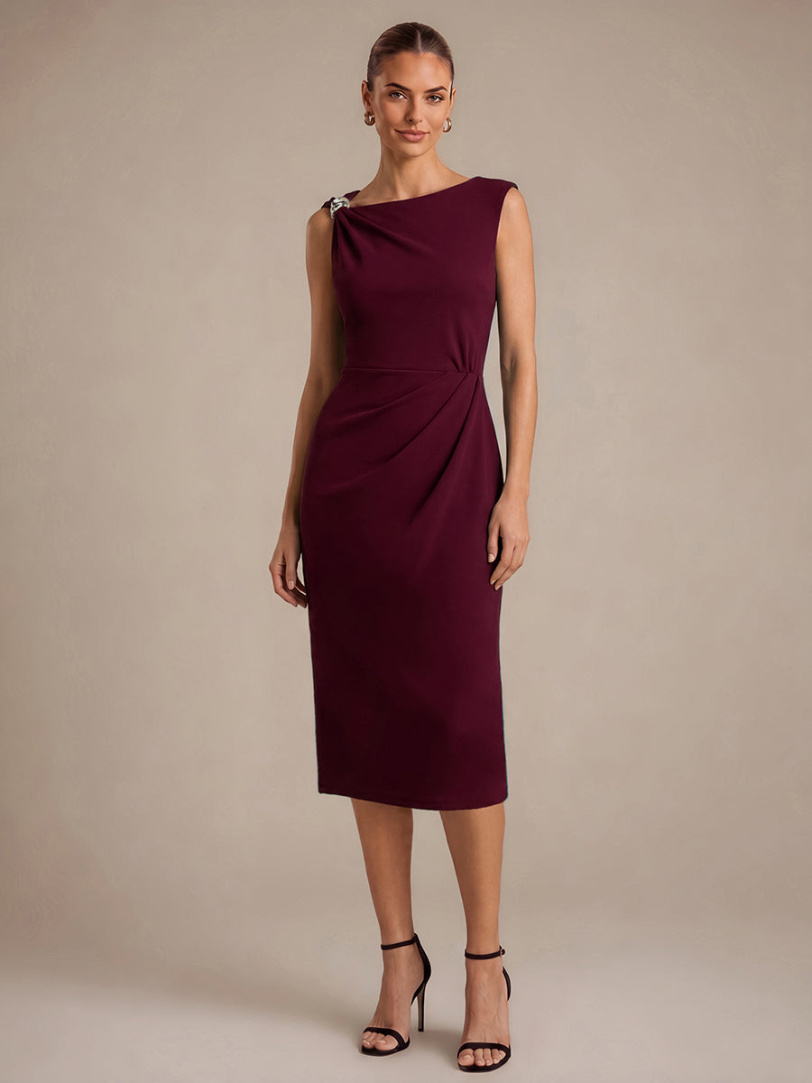 Robe midi ajust¨¦e sans manches ¨¤ encolure asym¨¦trique avec fermeture ¨¦clair au dos #Couleur_Bordeaux