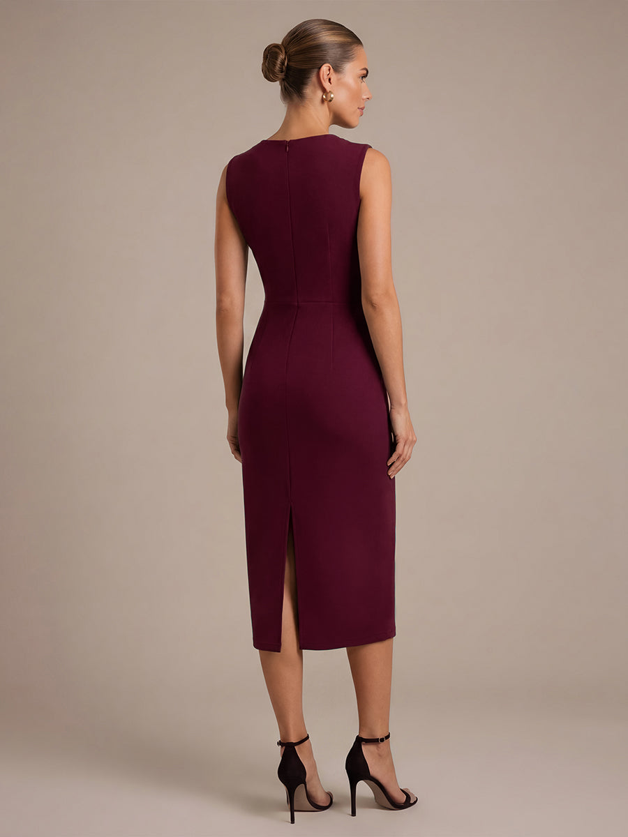 Robe midi ajust¨¦e sans manches ¨¤ encolure asym¨¦trique avec fermeture ¨¦clair au dos #Couleur_Bordeaux