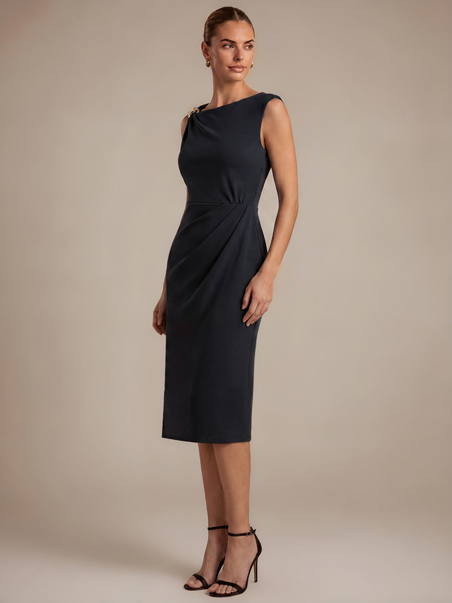 Robe midi ajust¨¦e sans manches ¨¤ encolure asym¨¦trique avec fermeture ¨¦clair au dos #Couleur_Noir
