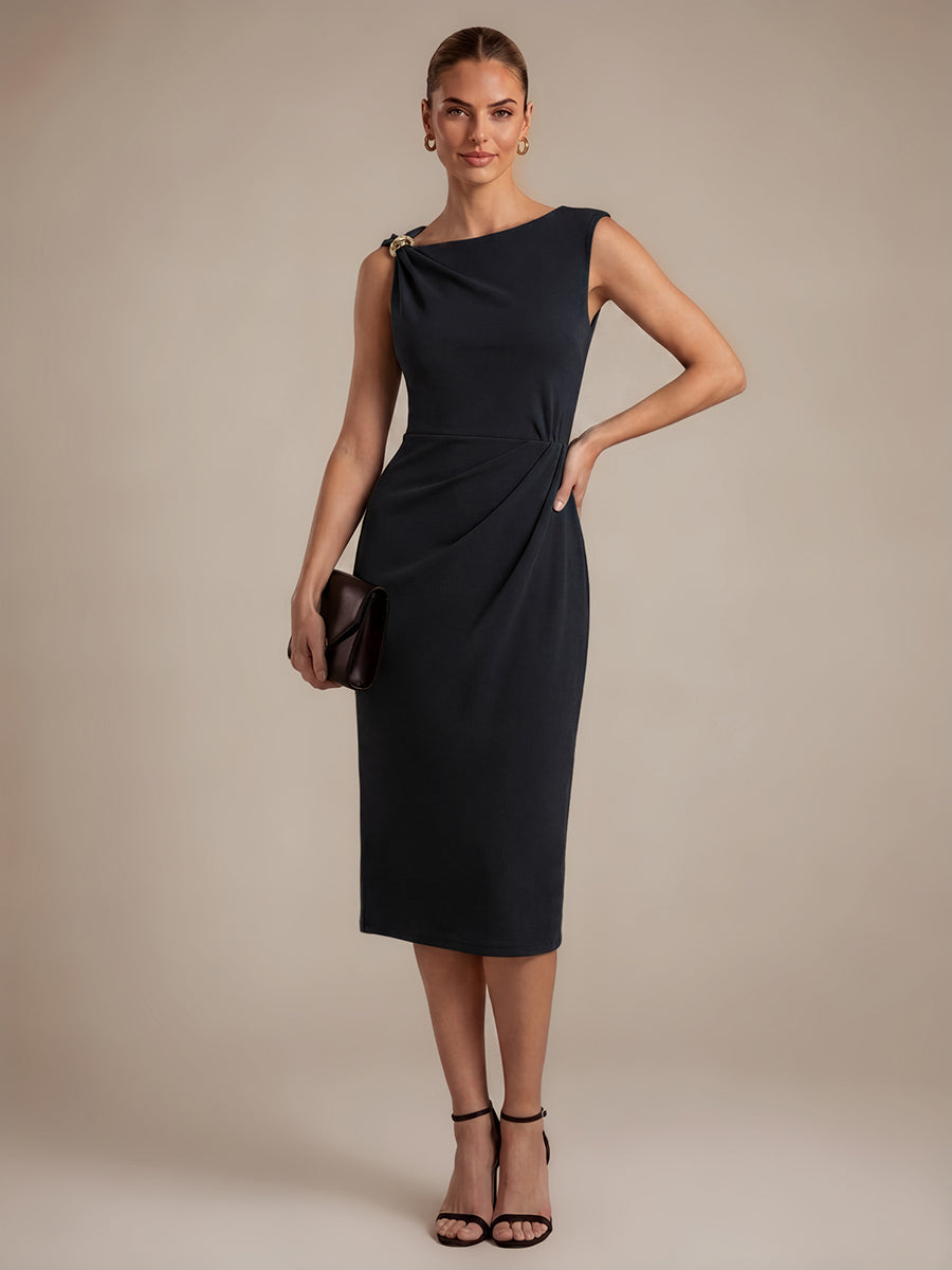 Robe midi ajust¨¦e sans manches ¨¤ encolure asym¨¦trique avec fermeture ¨¦clair au dos #Couleur_Noir