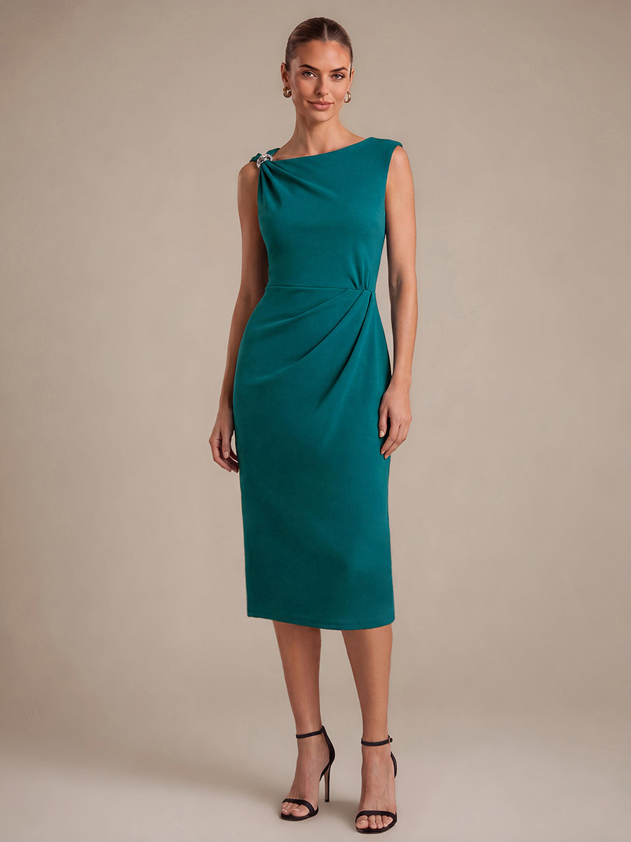 Robe midi ajust¨¦e sans manches ¨¤ encolure asym¨¦trique avec fermeture ¨¦clair au dos #Couleur_Bleu Canard