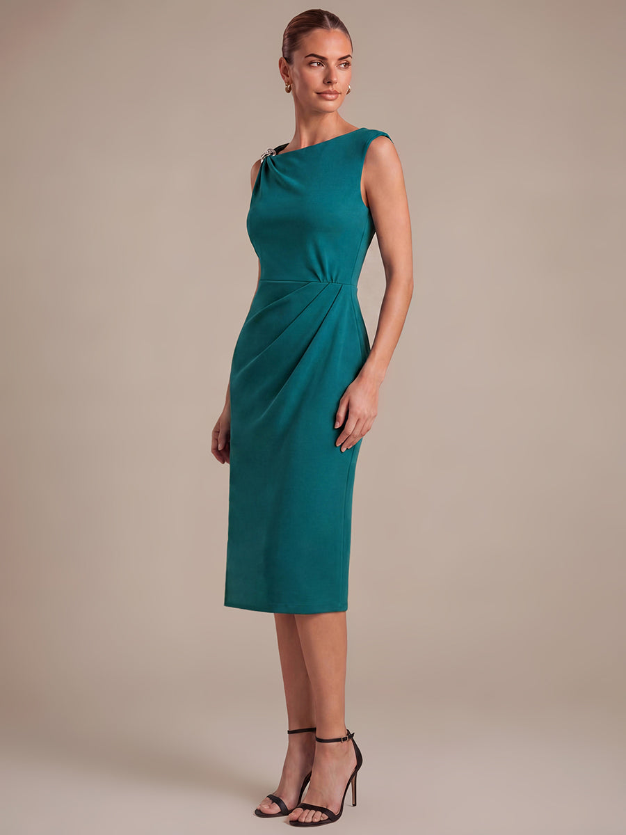 Robe midi ajust¨¦e sans manches ¨¤ encolure asym¨¦trique avec fermeture ¨¦clair au dos #Couleur_Bleu Canard