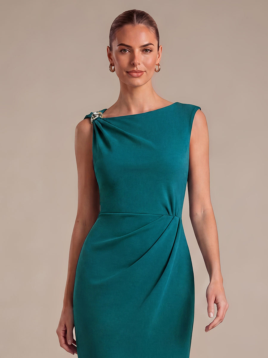 Robe midi ajust¨¦e sans manches ¨¤ encolure asym¨¦trique avec fermeture ¨¦clair au dos #Couleur_Bleu Canard