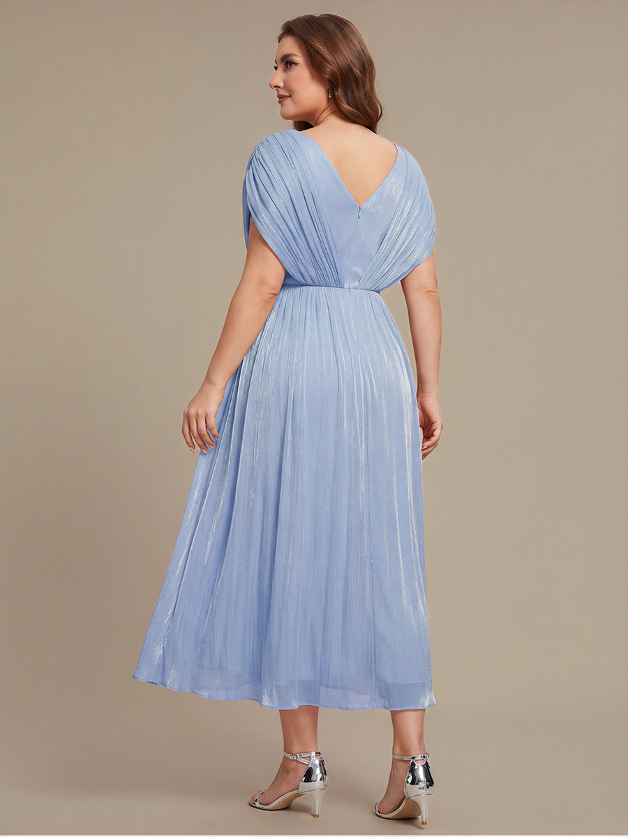 Robe mi-longue ligne A à manches chauve-souris col en V ornée de strass #Couleur_Marine Fume