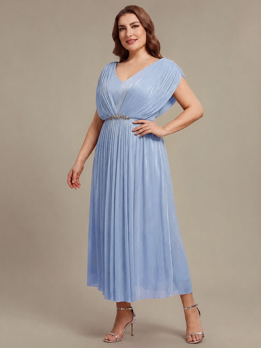 Robe mi-longue ligne A à manches chauve-souris col en V ornée de strass #Couleur_Marine Fume