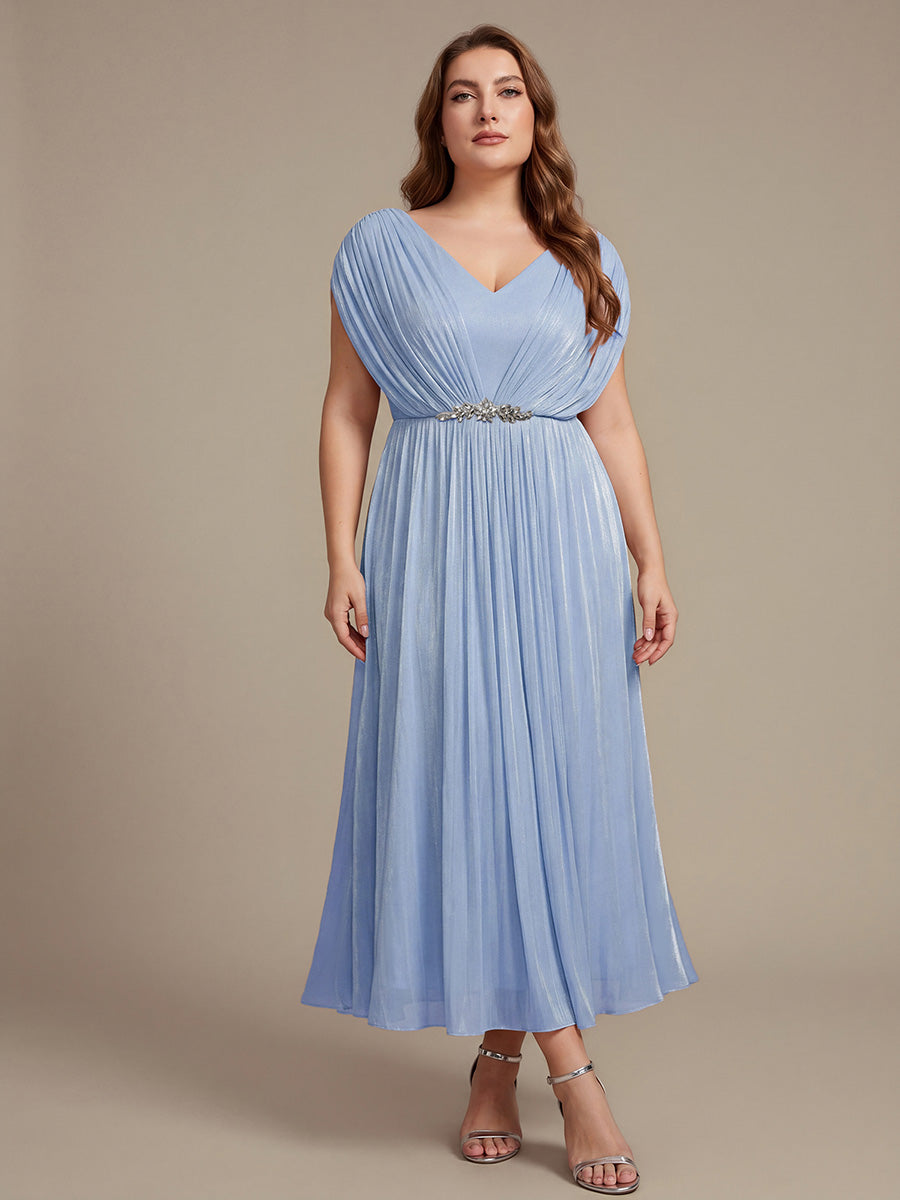 Robe mi-longue ligne A à manches chauve-souris col en V ornée de strass #Couleur_Marine Fume