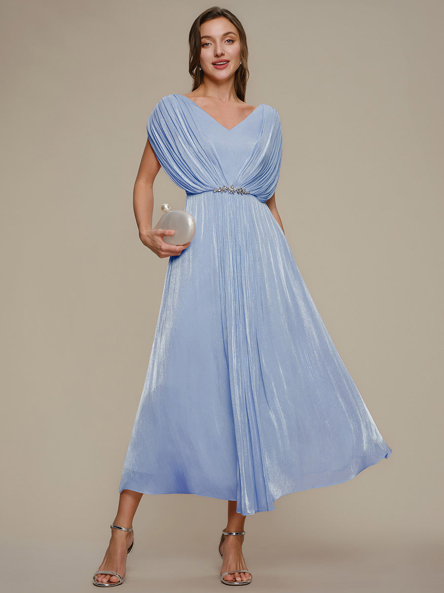 Robe mi-longue ligne A à manches chauve-souris col en V ornée de strass #Couleur_Marine Fume