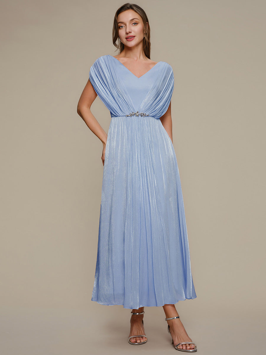 Robe mi-longue ligne A à manches chauve-souris col en V ornée de strass #Couleur_Marine Fume