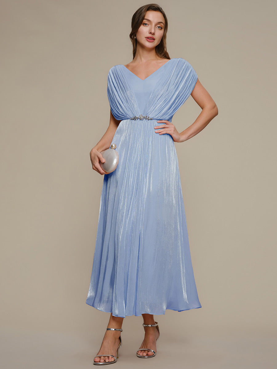 Robe mi-longue ligne A à manches chauve-souris col en V ornée de strass #Couleur_Marine Fume