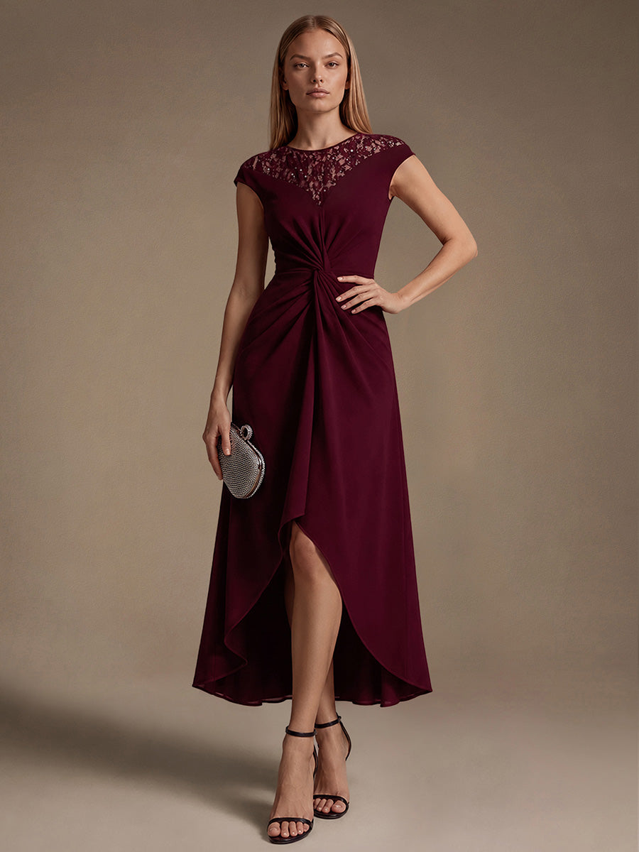 Robe A-Line ¨¤ sequins avec manches courtes et d¨¦tails transparents col rond et ourlet asym¨¦trique #Couleur_Bordeaux