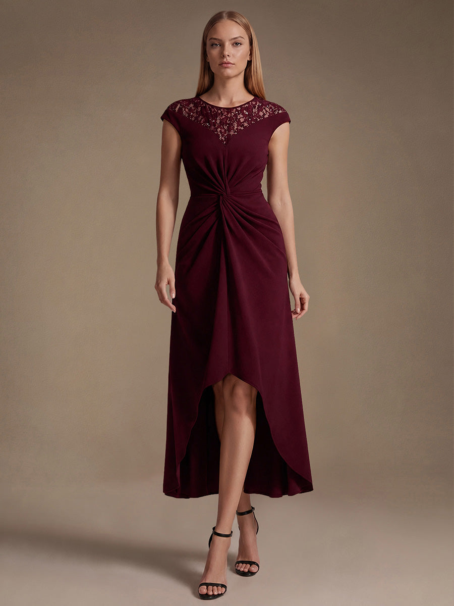 Robe A-Line ¨¤ sequins avec manches courtes et d¨¦tails transparents col rond et ourlet asym¨¦trique #Couleur_Bordeaux