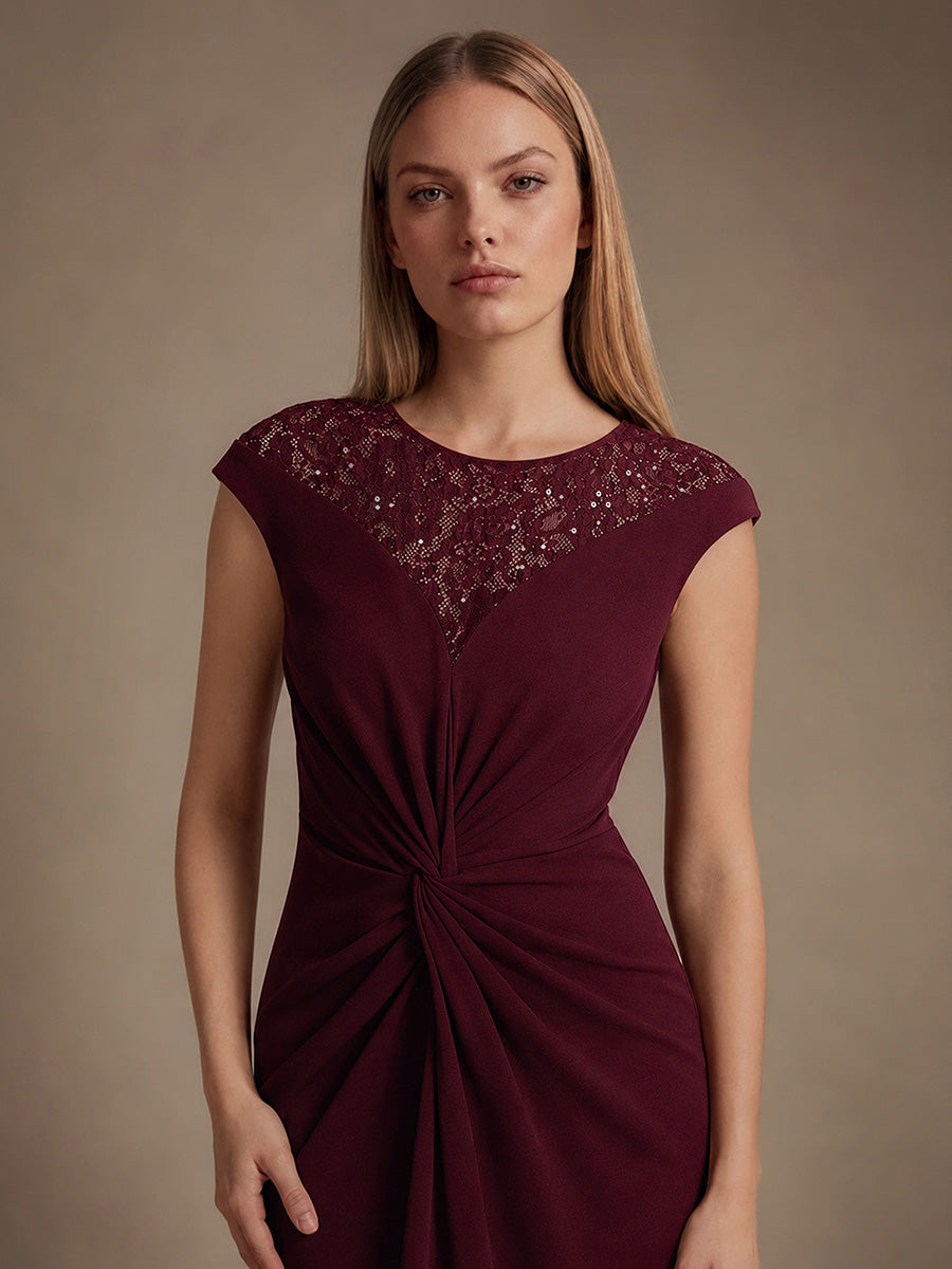 Robe A-Line ¨¤ sequins avec manches courtes et d¨¦tails transparents col rond et ourlet asym¨¦trique #Couleur_Bordeaux
