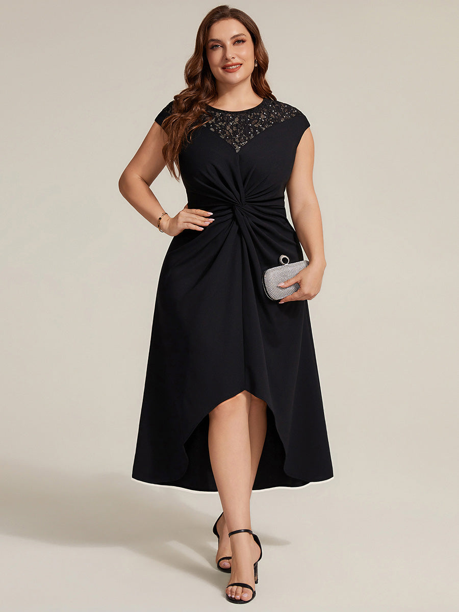 Robe A-Line ¨¤ sequins avec manches courtes et d¨¦tails transparents col rond et ourlet asym¨¦trique #Couleur_Noir