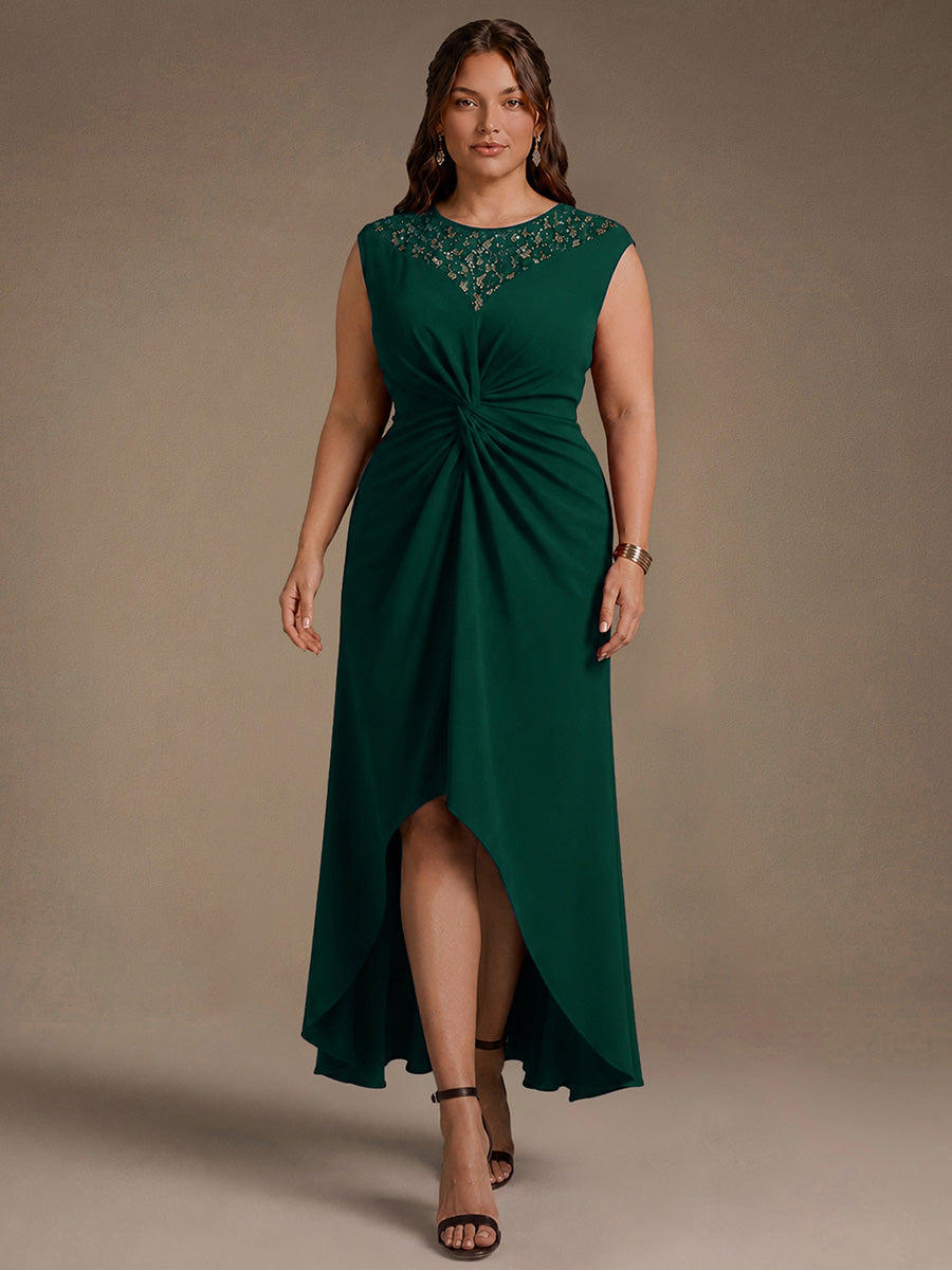 Robe A-Line ¨¤ sequins avec manches courtes et d¨¦tails transparents col rond et ourlet asym¨¦trique #Couleur_Vert Fonce
