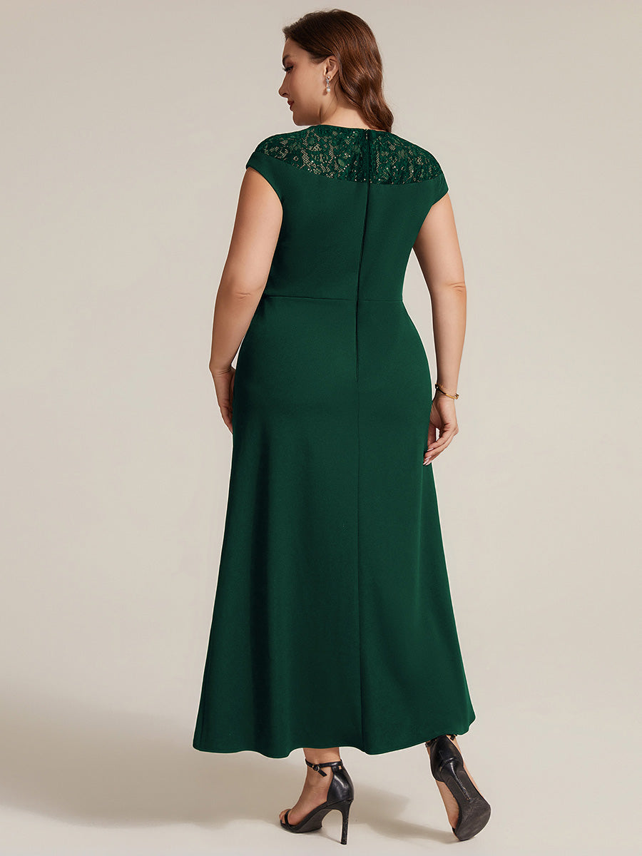 Robe A-Line ¨¤ sequins avec manches courtes et d¨¦tails transparents col rond et ourlet asym¨¦trique #Couleur_Vert Fonce