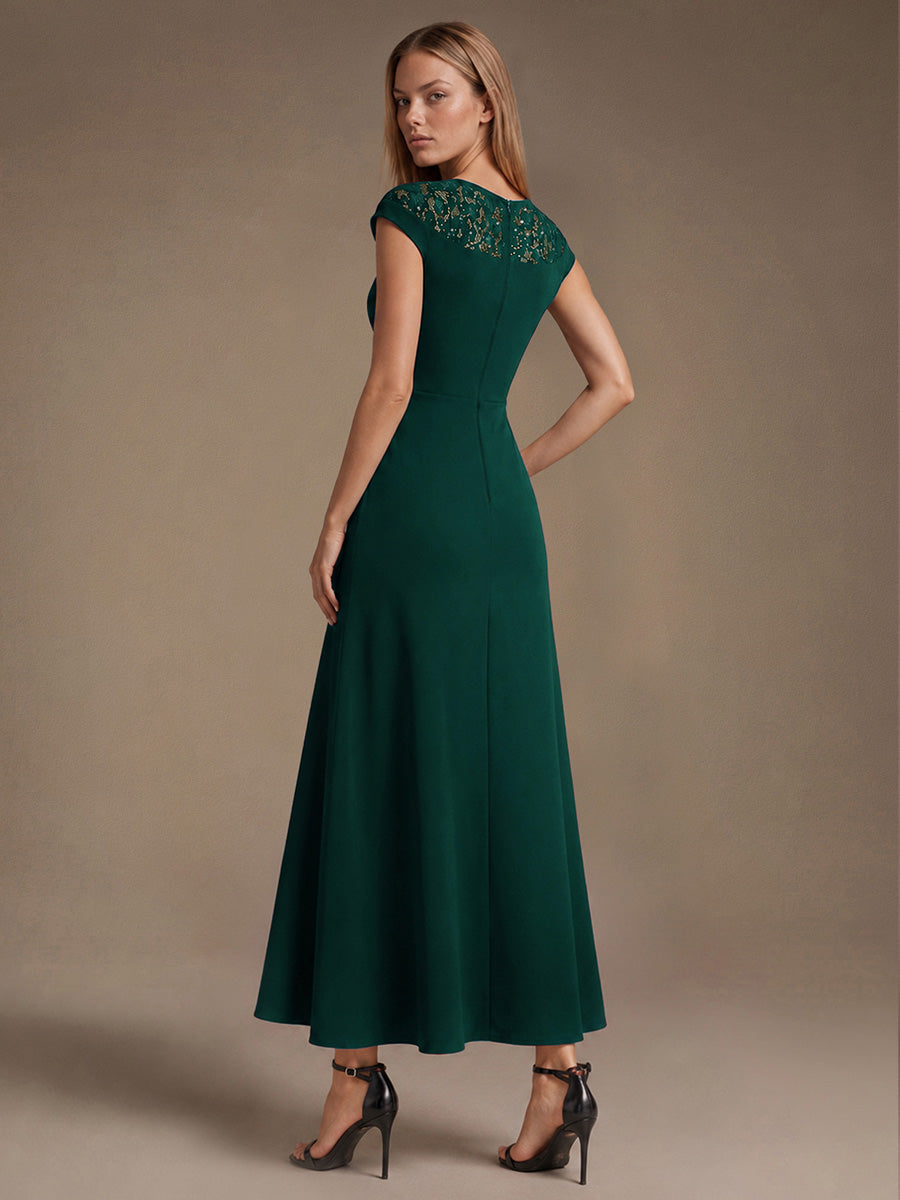 Robe A-Line ¨¤ sequins avec manches courtes et d¨¦tails transparents col rond et ourlet asym¨¦trique #Couleur_Vert Fonce