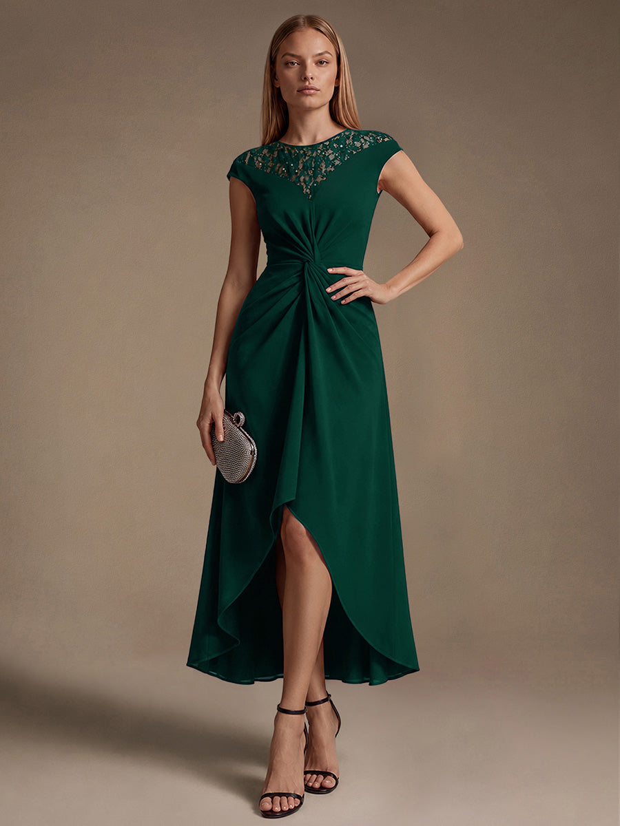 Robe A-Line ¨¤ sequins avec manches courtes et d¨¦tails transparents col rond et ourlet asym¨¦trique #Couleur_Vert Fonce