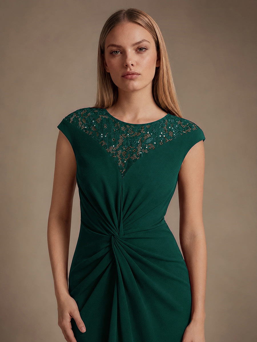 Robe A-Line ¨¤ sequins avec manches courtes et d¨¦tails transparents col rond et ourlet asym¨¦trique #Couleur_Vert Fonce