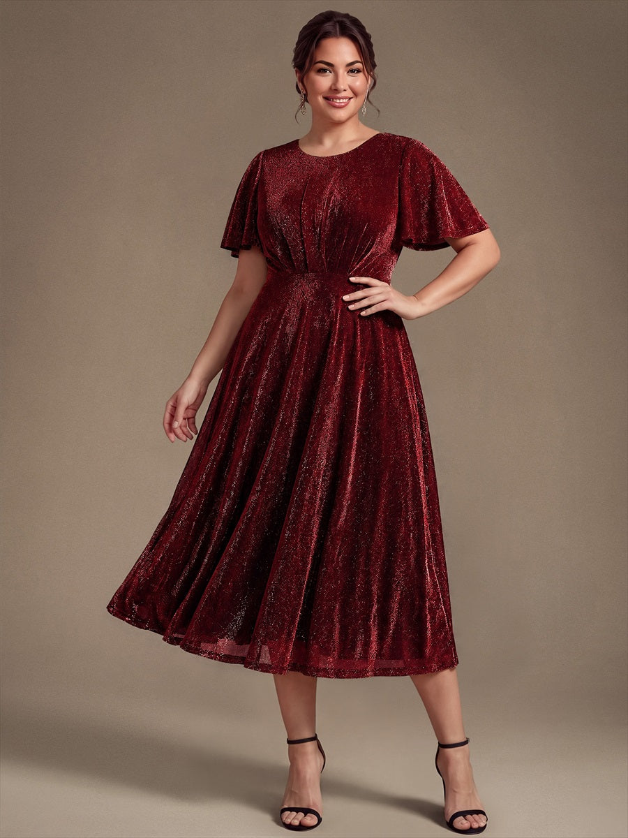 robe midi ¨¦vas¨¦e ¨¤ manches courtes col rond avec fermeture ¨¦clair au dos et tissu extensible #Couleur_Bordeaux
