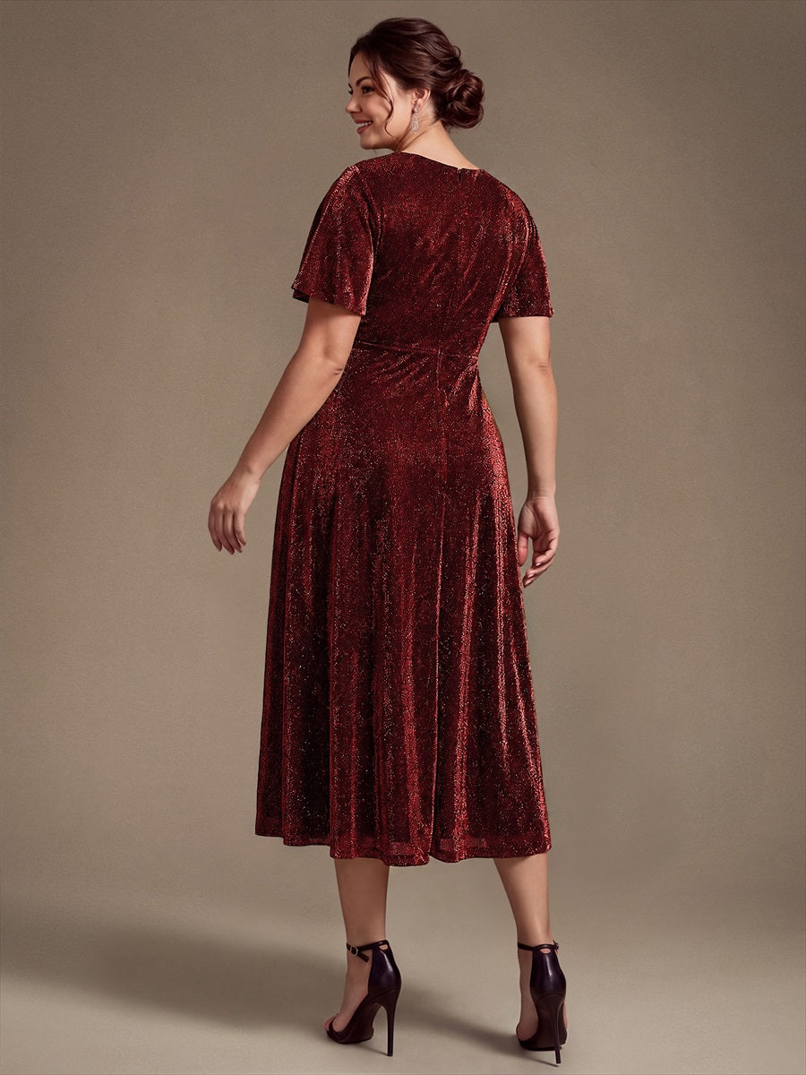 robe midi ¨¦vas¨¦e ¨¤ manches courtes col rond avec fermeture ¨¦clair au dos et tissu extensible #Couleur_Bordeaux