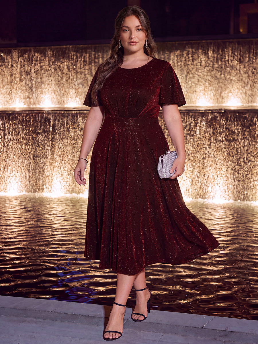 robe midi ¨¦vas¨¦e ¨¤ manches courtes col rond avec fermeture ¨¦clair au dos et tissu extensible #Couleur_Bordeaux
