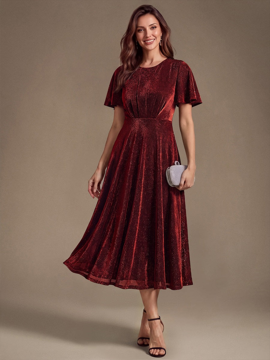 robe midi ¨¦vas¨¦e ¨¤ manches courtes col rond avec fermeture ¨¦clair au dos et tissu extensible #Couleur_Bordeaux