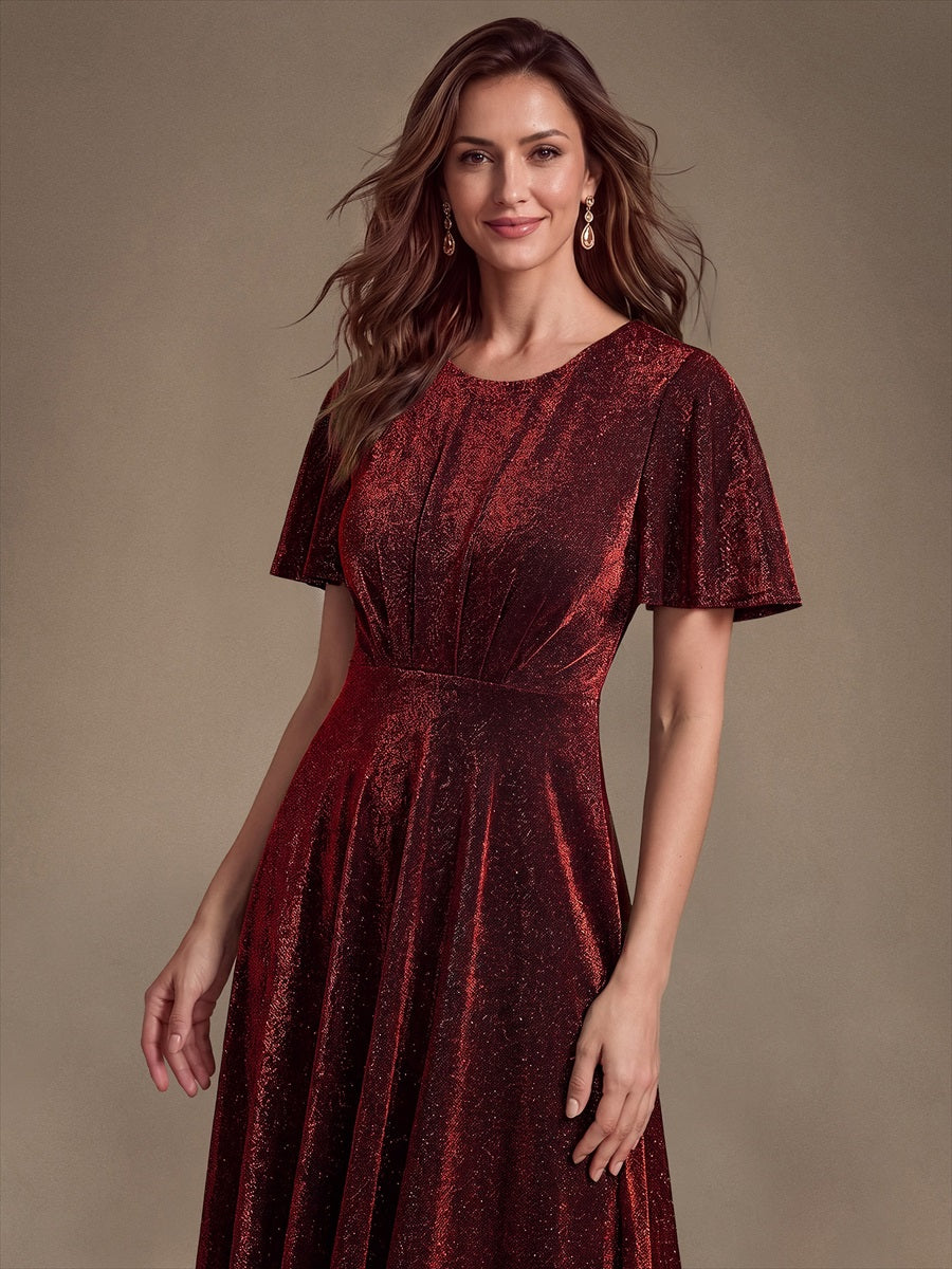 robe midi ¨¦vas¨¦e ¨¤ manches courtes col rond avec fermeture ¨¦clair au dos et tissu extensible #Couleur_Bordeaux