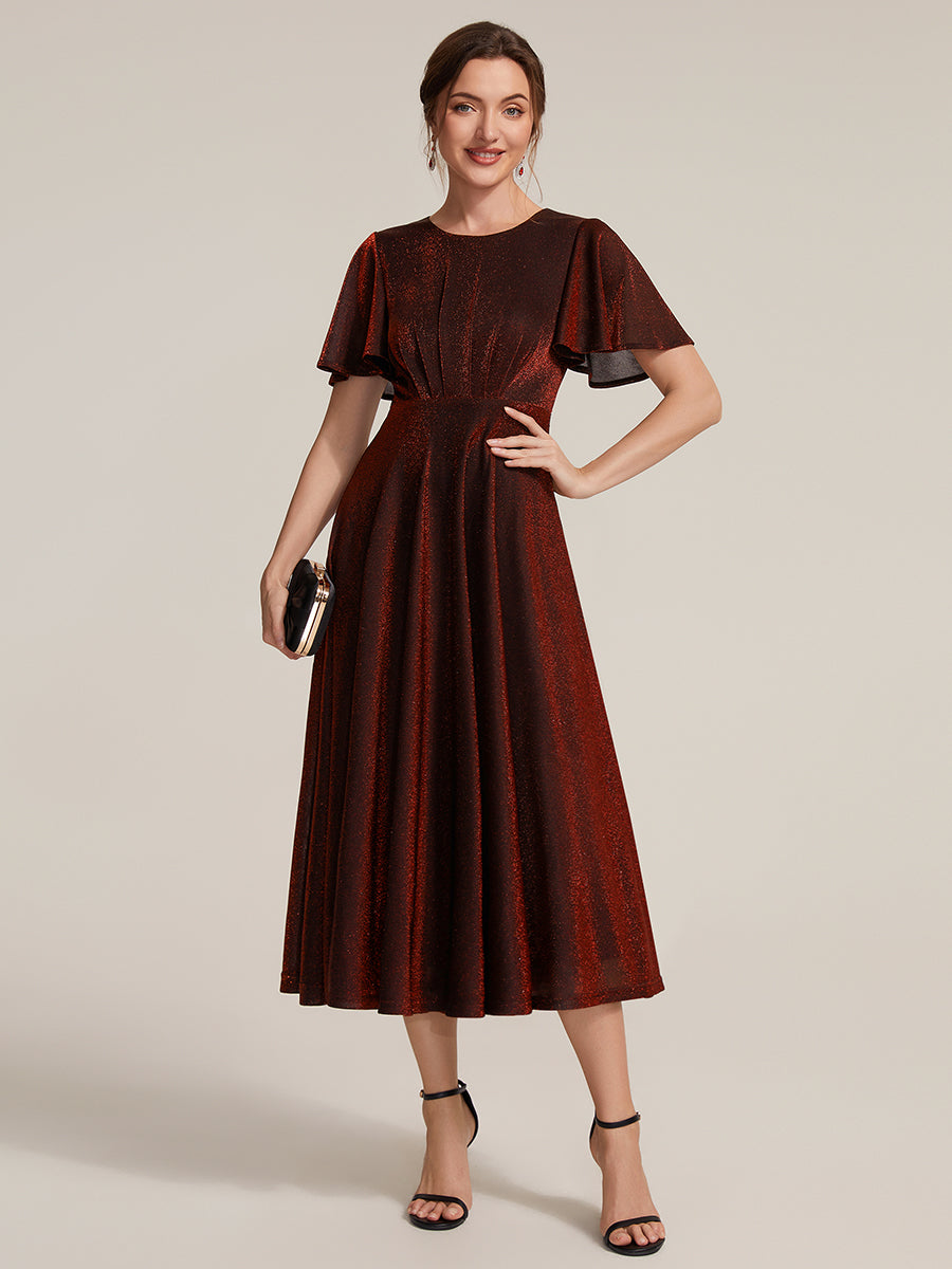 robe midi ¨¦vas¨¦e ¨¤ manches courtes col rond avec fermeture ¨¦clair au dos et tissu extensible #Couleur_Bordeaux