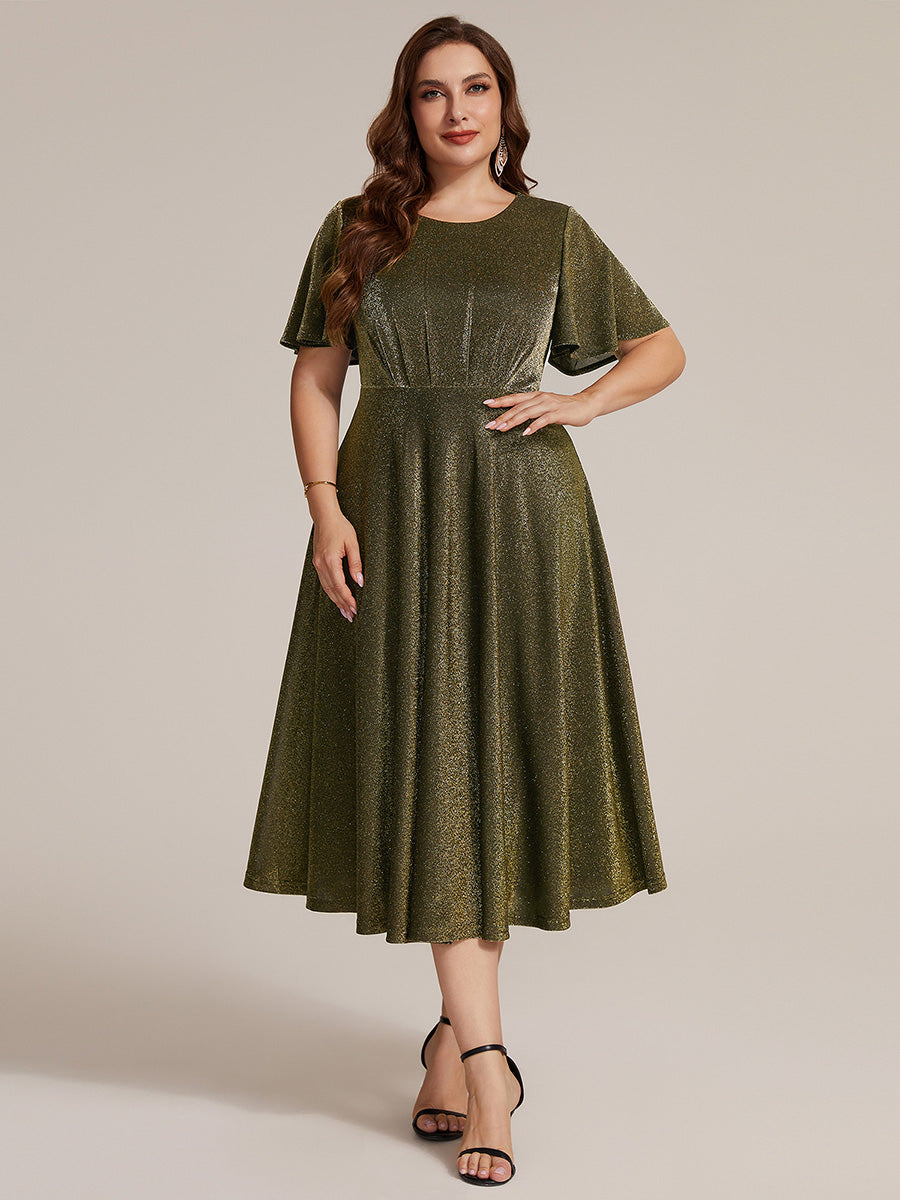 robe midi ¨¦vas¨¦e ¨¤ manches courtes col rond avec fermeture ¨¦clair au dos et tissu extensible #Couleur_Or métallique