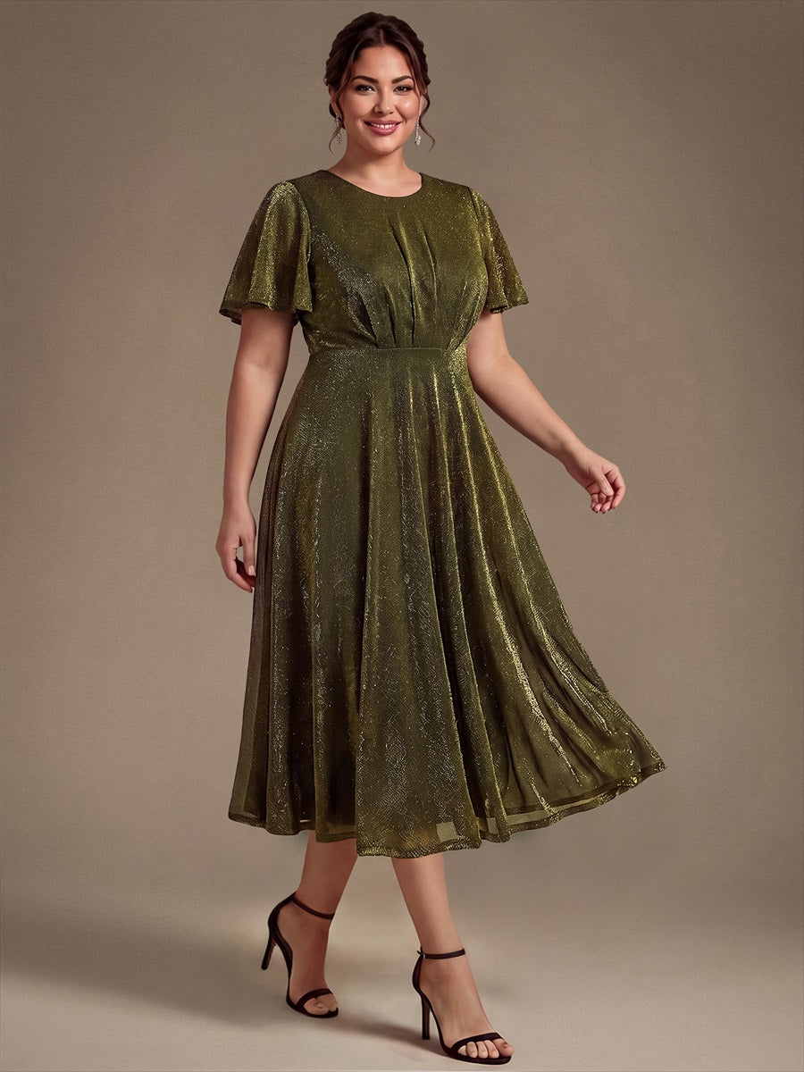 robe midi ¨¦vas¨¦e ¨¤ manches courtes col rond avec fermeture ¨¦clair au dos et tissu extensible #Couleur_Or métallique