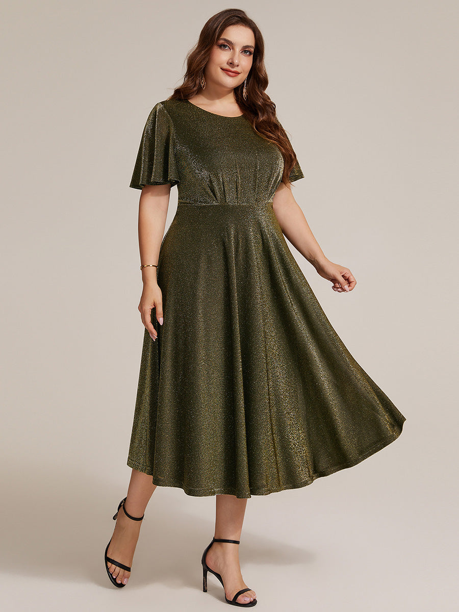 robe midi ¨¦vas¨¦e ¨¤ manches courtes col rond avec fermeture ¨¦clair au dos et tissu extensible #Couleur_Or métallique