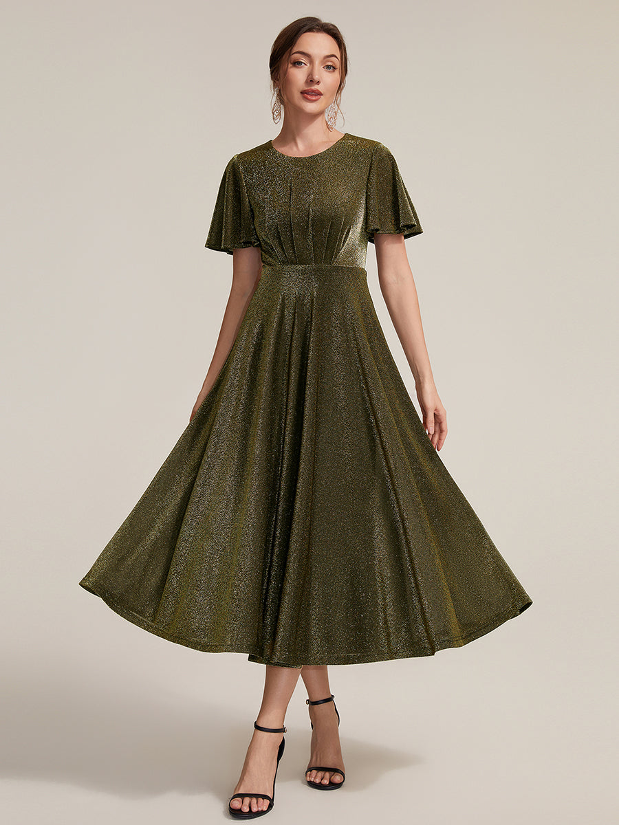 robe midi ¨¦vas¨¦e ¨¤ manches courtes col rond avec fermeture ¨¦clair au dos et tissu extensible #Couleur_Or métallique
