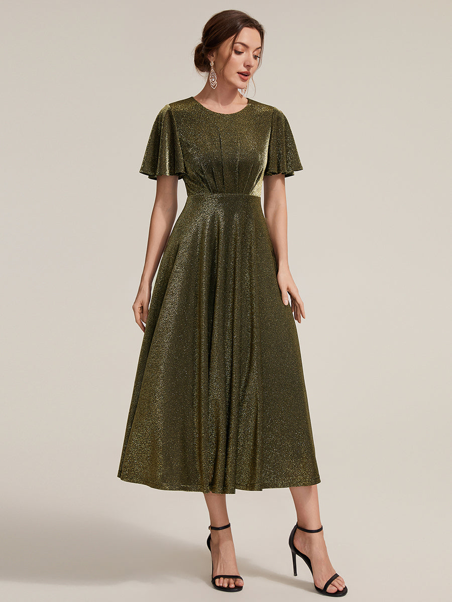 robe midi ¨¦vas¨¦e ¨¤ manches courtes col rond avec fermeture ¨¦clair au dos et tissu extensible #Couleur_Or métallique