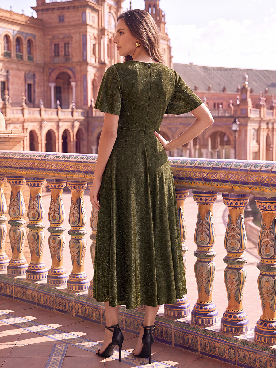robe midi ¨¦vas¨¦e ¨¤ manches courtes col rond avec fermeture ¨¦clair au dos et tissu extensible #Couleur_Or métallique