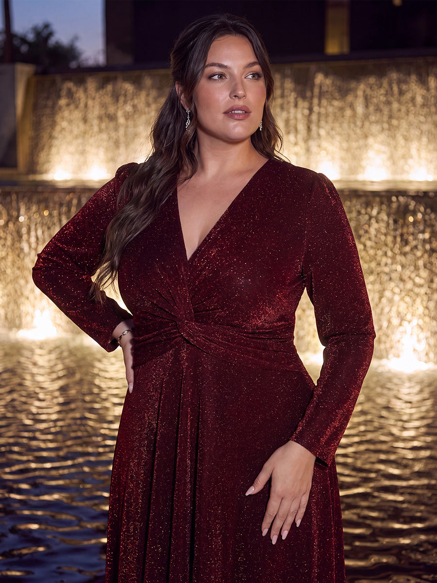 Robe longueur th¨¦ ¨¤ manches longues col crois¨¦ tr¨¨s extensible avec fermeture ¨¦clair au dos et d¨¦tail de n?ud #Couleur_Bordeaux