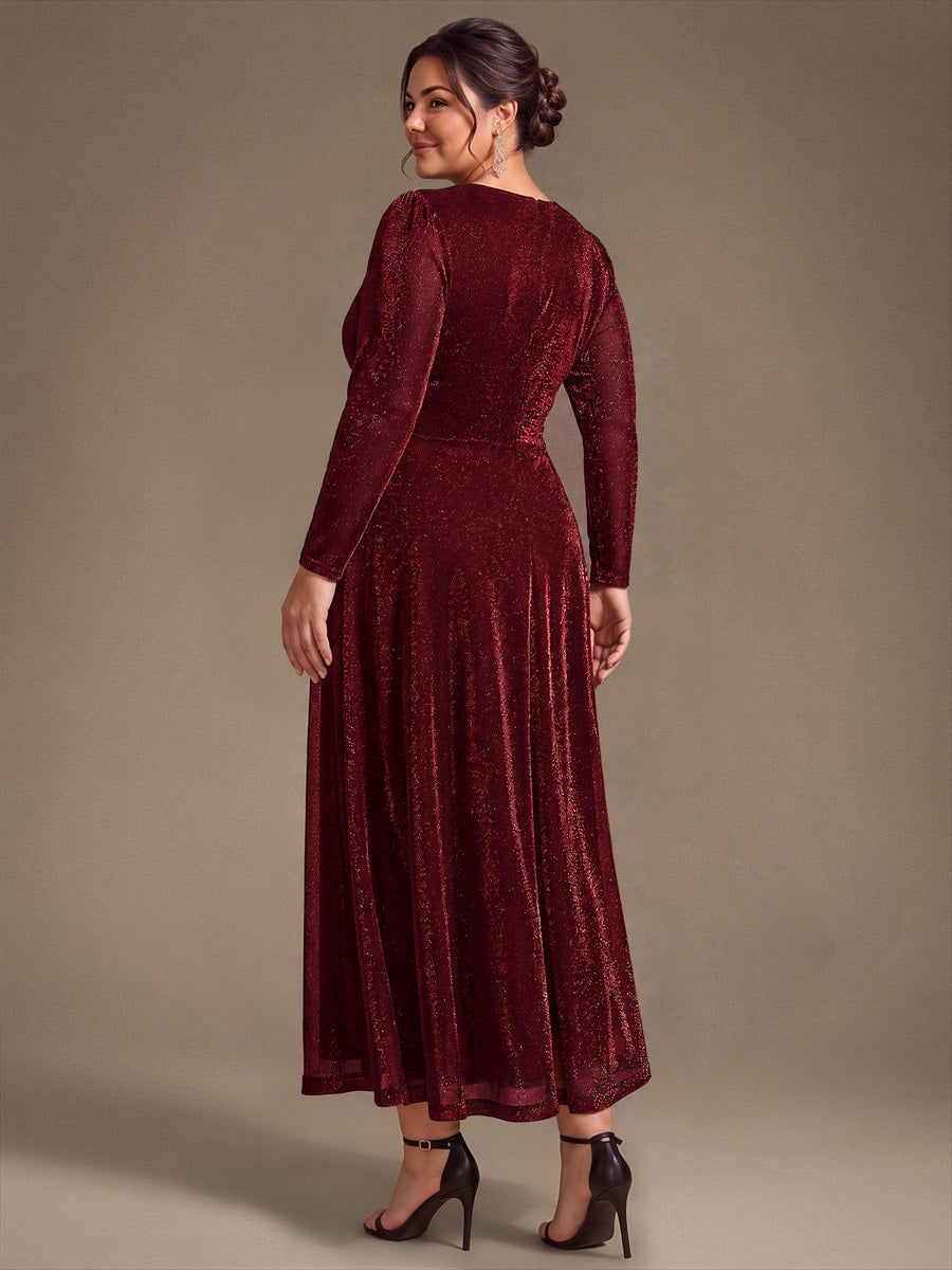 Robe longueur th¨¦ ¨¤ manches longues col crois¨¦ tr¨¨s extensible avec fermeture ¨¦clair au dos et d¨¦tail de n?ud #Couleur_Bordeaux
