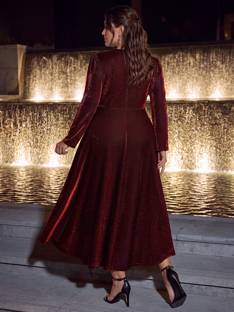 Robe longueur th¨¦ ¨¤ manches longues col crois¨¦ tr¨¨s extensible avec fermeture ¨¦clair au dos et d¨¦tail de n?ud #Couleur_Bordeaux