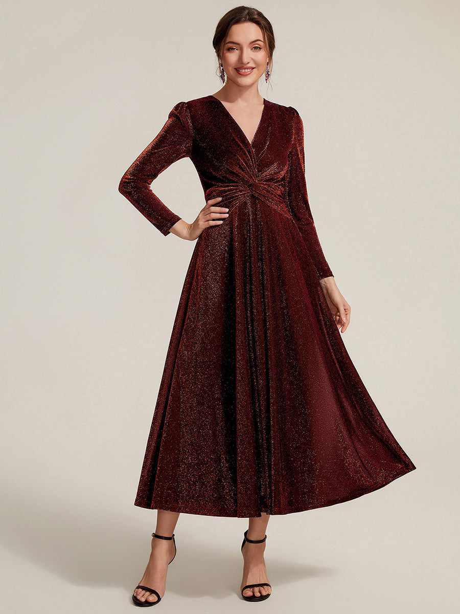 Robe longueur th¨¦ ¨¤ manches longues col crois¨¦ tr¨¨s extensible avec fermeture ¨¦clair au dos et d¨¦tail de n?ud #Couleur_Bordeaux