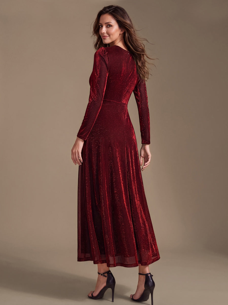 Robe longueur th¨¦ ¨¤ manches longues col crois¨¦ tr¨¨s extensible avec fermeture ¨¦clair au dos et d¨¦tail de n?ud #Couleur_Bordeaux