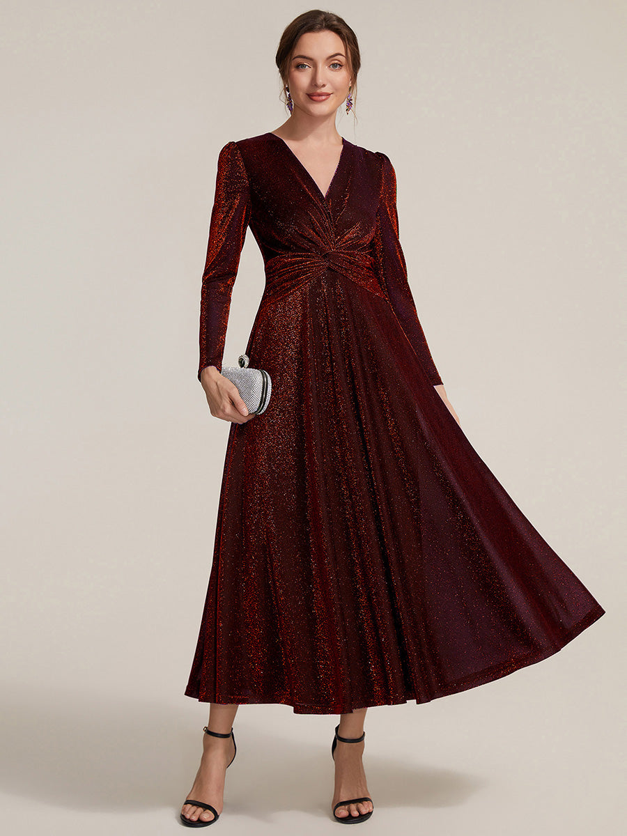 Robe longueur th¨¦ ¨¤ manches longues col crois¨¦ tr¨¨s extensible avec fermeture ¨¦clair au dos et d¨¦tail de n?ud #Couleur_Bordeaux