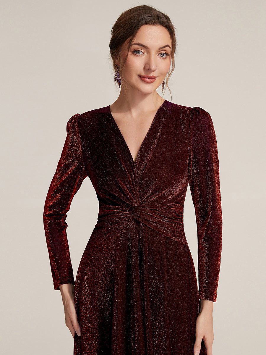 Robe longueur th¨¦ ¨¤ manches longues col crois¨¦ tr¨¨s extensible avec fermeture ¨¦clair au dos et d¨¦tail de n?ud #Couleur_Bordeaux
