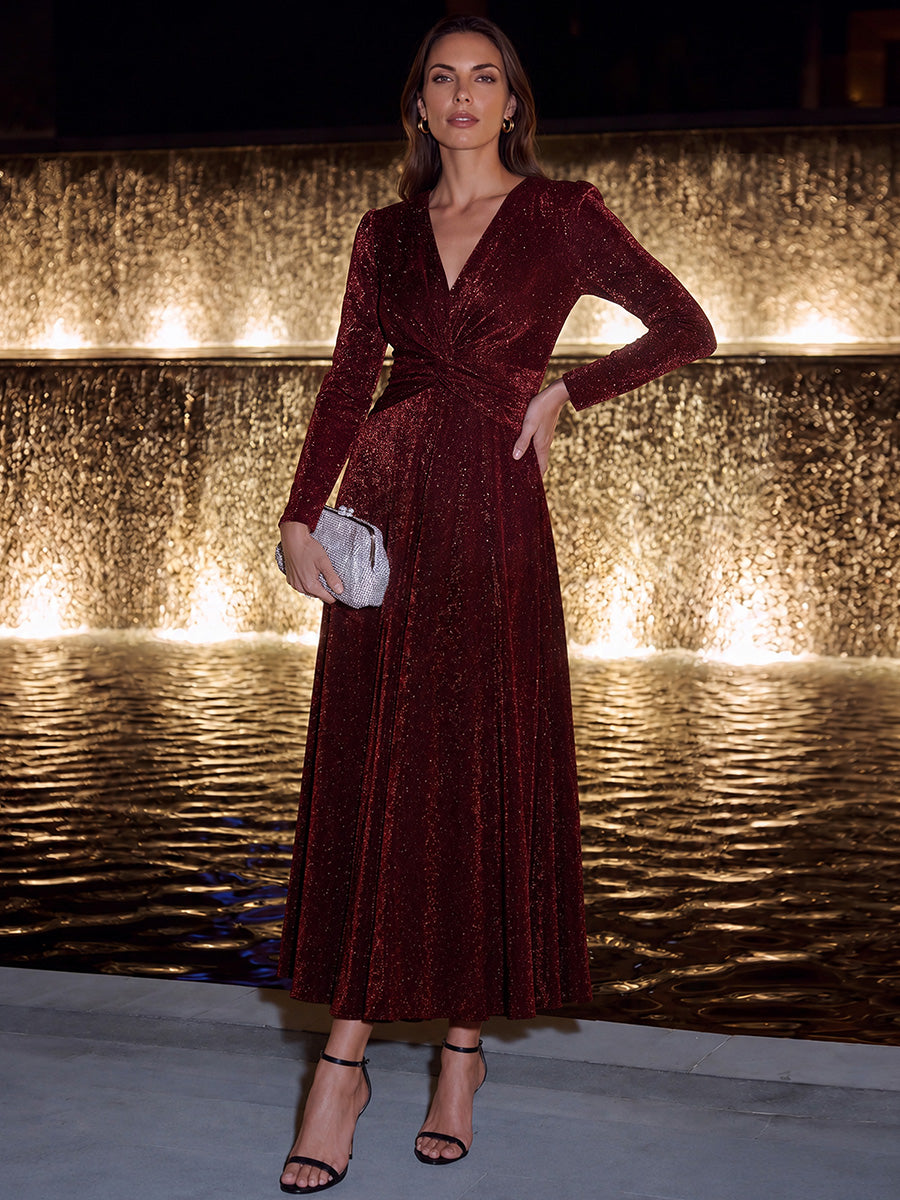 Robe longueur th¨¦ ¨¤ manches longues col crois¨¦ tr¨¨s extensible avec fermeture ¨¦clair au dos et d¨¦tail de n?ud #Couleur_Bordeaux