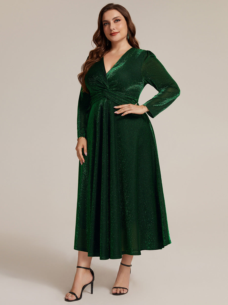 Robe longueur th¨¦ ¨¤ manches longues col crois¨¦ tr¨¨s extensible avec fermeture ¨¦clair au dos et d¨¦tail de n?ud #Couleur_Vert Fonce