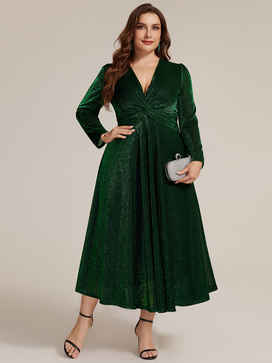 Robe longueur th¨¦ ¨¤ manches longues col crois¨¦ tr¨¨s extensible avec fermeture ¨¦clair au dos et d¨¦tail de n?ud #Couleur_Vert Fonce