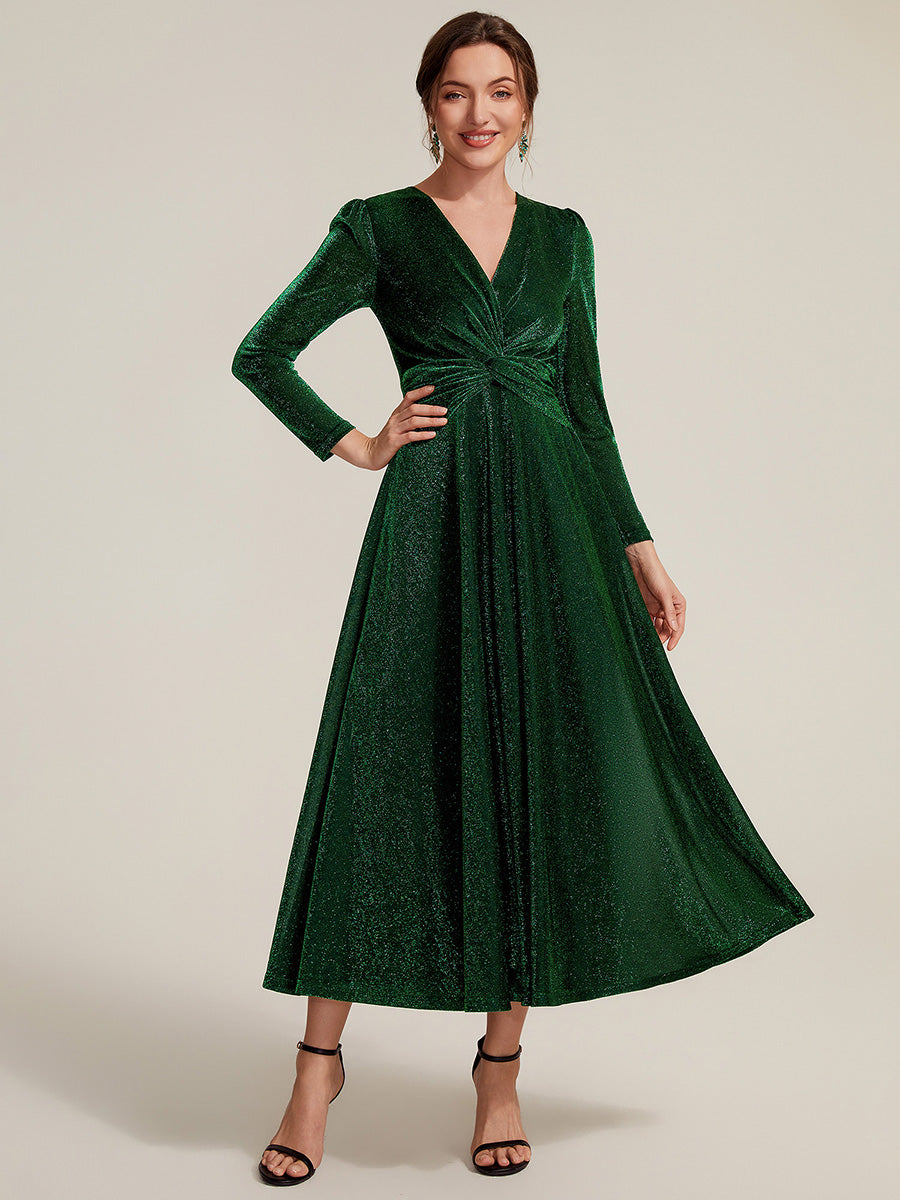 Robe longueur th¨¦ ¨¤ manches longues col crois¨¦ tr¨¨s extensible avec fermeture ¨¦clair au dos et d¨¦tail de n?ud #Couleur_Vert Fonce